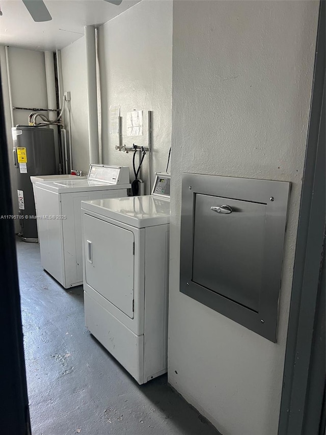 619 NE 14th Ave Unit 507, Hallandale Beach, FL 33009 - laundry area featuring washer and clothes dryer, water heater, and ceiling fan