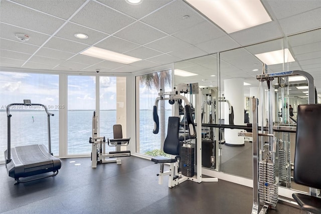 770 Claughton Island Dr Unit 1114, Miami, FL 33131 - workout area with a paneled ceiling, a water view, and a wall of windows