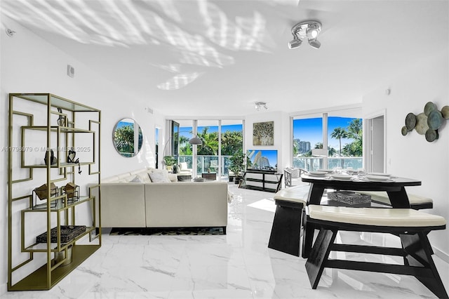 488 NE 18th St Unit 208, Miami, FL 33132 - living room featuring healthy amount of natural light, expansive windows, and marble finish flooring