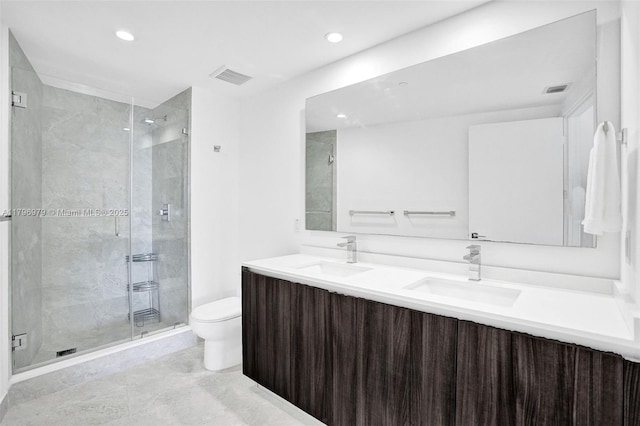 488 NE 18th St Unit 208, Miami, FL 33132 - bathroom with a stall shower, double vanity, and recessed lighting