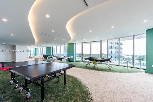 488 NE 18th St Unit 208, Miami, FL 33132 - rec room featuring carpet floors, a wall of windows, recessed lighting, and billiards