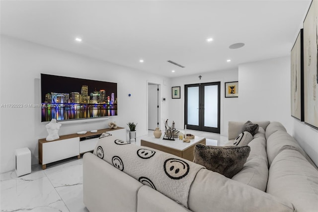 13211 SW 6th St, Miami, FL 33184 - living room with marble finish floor, visible vents, french doors, and recessed lighting