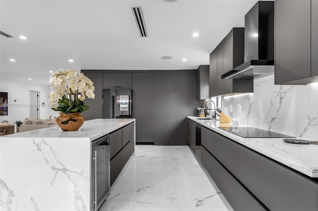 13211 SW 6th St, Miami, FL 33184 - kitchen with a sink, wall chimney range hood, black electric cooktop, a kitchen island, and modern cabinets
