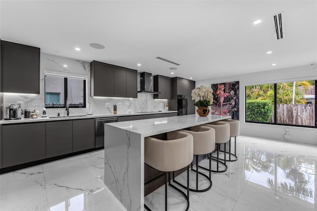 13211 SW 6th St, Miami, FL 33184 - kitchen with stainless steel dishwasher, marble finish floor, visible vents, a sink, and wall chimney range hood