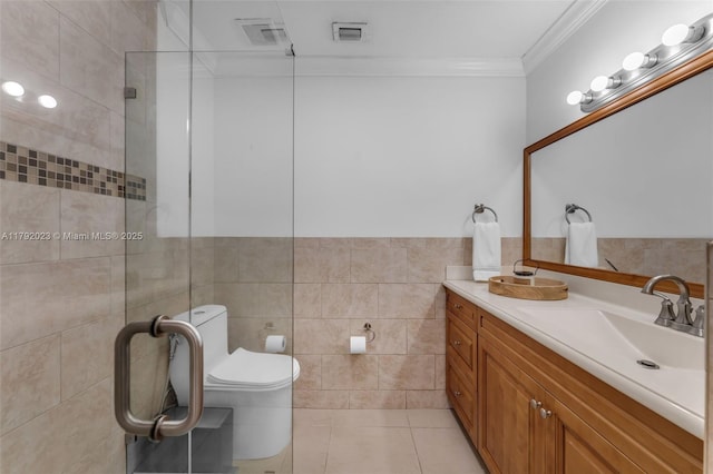 13211 SW 6th St, Miami, FL 33184 - bathroom with crown molding, tile walls, tile patterned flooring, and a tile shower