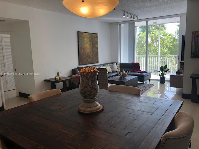 dining space with rail lighting, a textured ceiling, and expansive windows