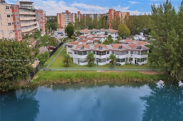drone / aerial view with a water view