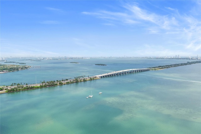 bird's eye view with a water view