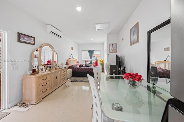 dining area with light tile patterned floors, recessed lighting, and a wall mounted AC