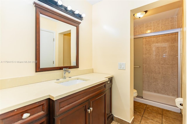 full bathroom with toilet, tile patterned flooring, vanity, and a shower stall