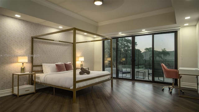 bedroom with recessed lighting, baseboards, access to outside, crown molding, and wood finished floors