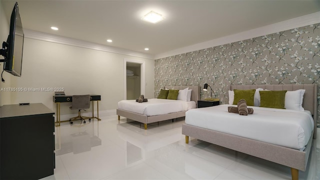 bedroom with wallpapered walls, tile patterned floors, crown molding, baseboards, and recessed lighting