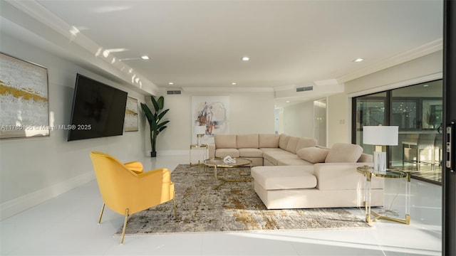 living room featuring recessed lighting, ornamental molding, and visible vents
