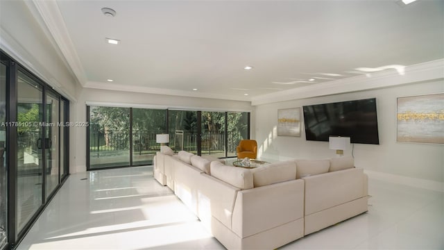 tiled living room with baseboards, recessed lighting, and crown molding