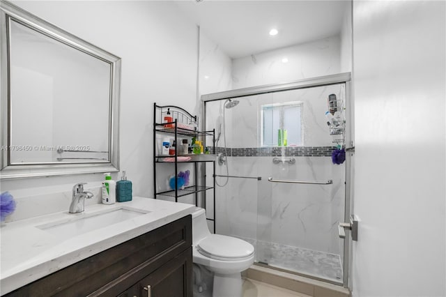 1793 NW 93rd Ter, Miami, FL 33147 - bathroom featuring toilet, vanity, recessed lighting, and a marble finish shower