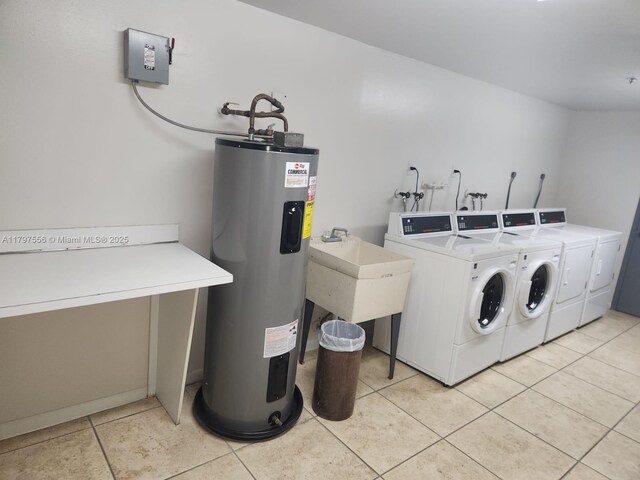 919 Hillcrest Dr Unit 611, Hollywood, FL 33021 - laundry area with washer and clothes dryer, electric water heater, light tile patterned floors, and a sink