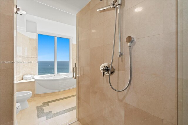 18911 Collins Ave Unit 3307, Sunny Isles Beach, FL 33160 - full bath with a stall shower, toilet, a bath, tile walls, and a bidet