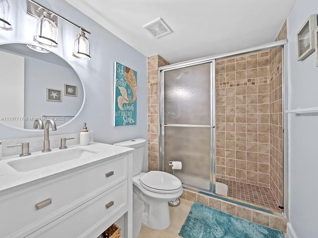 full bathroom with a stall shower, toilet, visible vents, tile patterned floors, and vanity