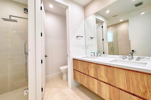 3132 Plaza St, Miami, FL 33133 - full bath featuring a stall shower, toilet, recessed lighting, double vanity, and tile patterned flooring
