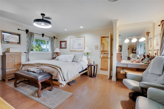 610 Lake Dasha Cir, Plantation, FL 33324 - bedroom with ornamental molding, light wood finished floors, recessed lighting, and connected bathroom