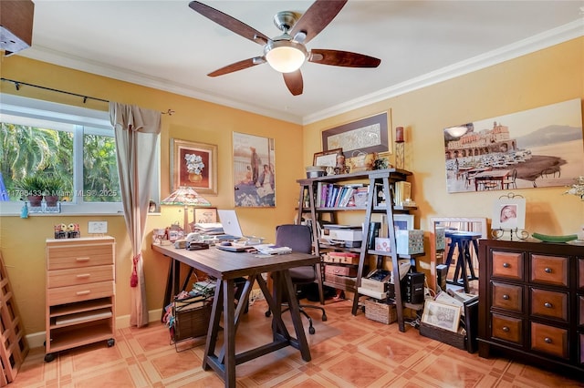 610 Lake Dasha Cir, Plantation, FL 33324 - home office featuring a ceiling fan, ornamental molding, and light floors