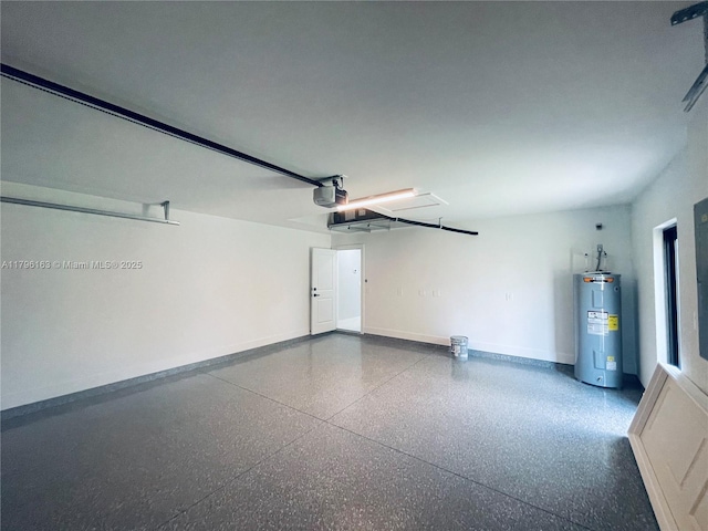 garage with electric water heater, baseboards, and a garage door opener