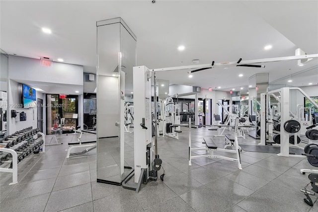1581 Brickell Ave Unit Ph102, Miami, FL 33129 - gym featuring a ceiling fan and recessed lighting