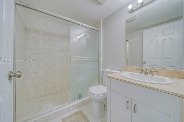 8888 Collins Ave Unit 201, Surfside, FL 33154 - bathroom with a shower stall, tile patterned floors, toilet, and vanity