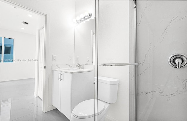 full bath with toilet, visible vents, marble finish floor, and vanity