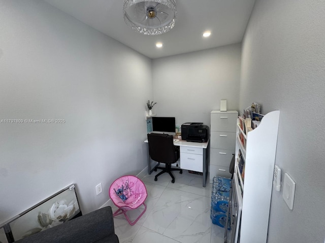 home office featuring marble finish floor and recessed lighting