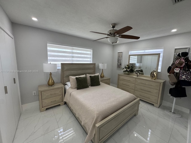 bedroom featuring marble finish floor, visible vents, recessed lighting, a ceiling fan, and baseboards