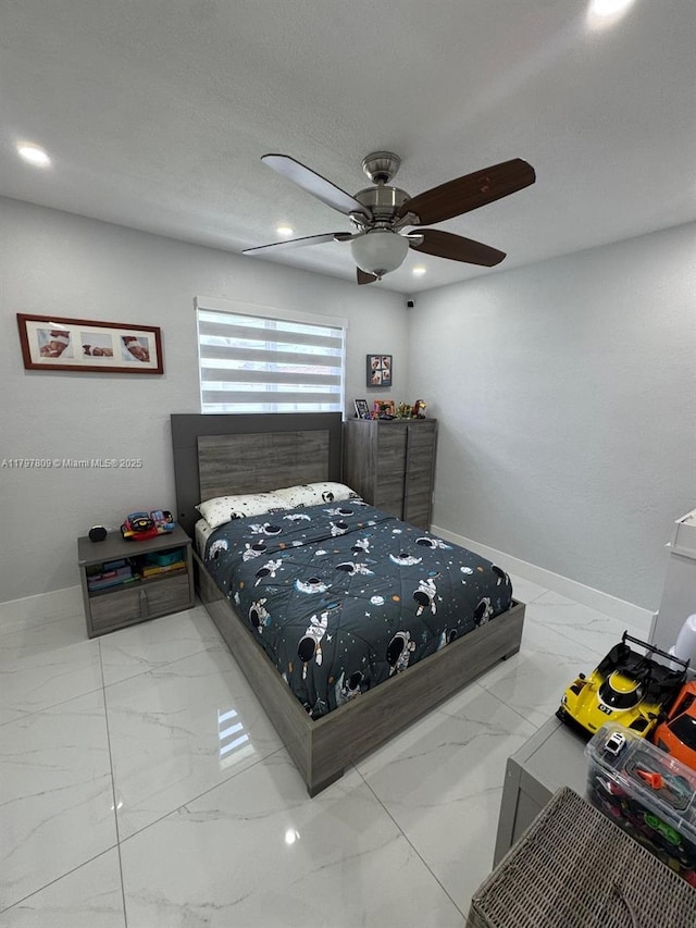 bedroom featuring baseboards, marble finish floor, recessed lighting, and a ceiling fan