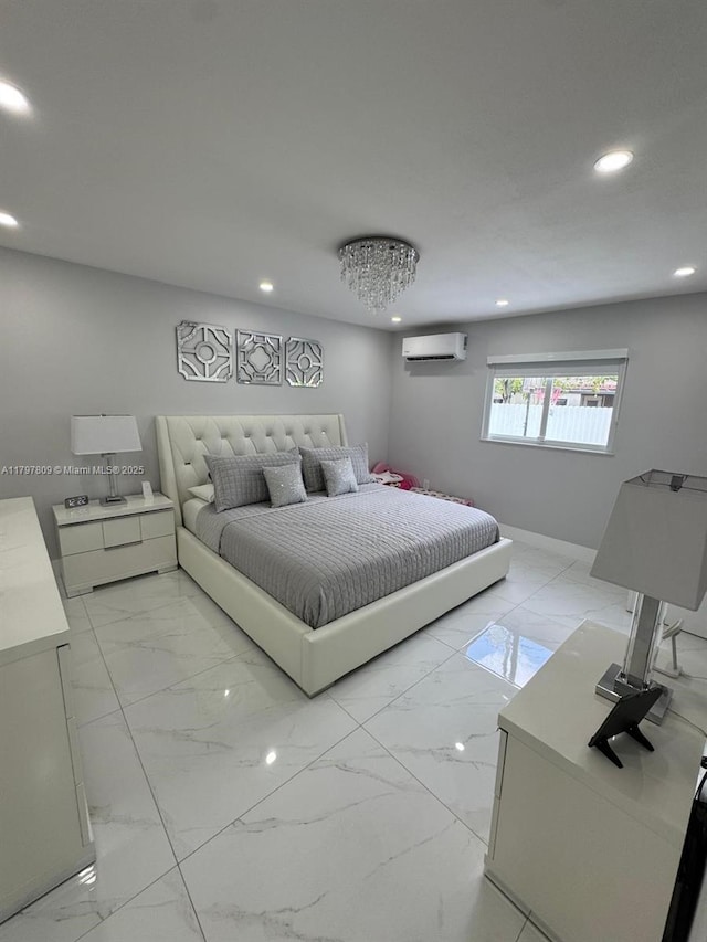 bedroom with a wall mounted air conditioner, marble finish floor, and recessed lighting