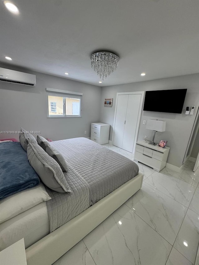 bedroom featuring marble finish floor, a wall mounted air conditioner, and recessed lighting