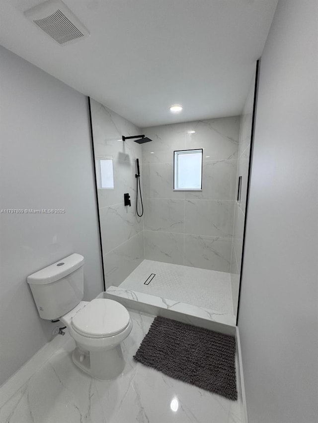 full bath with toilet, visible vents, a marble finish shower, and marble finish floor