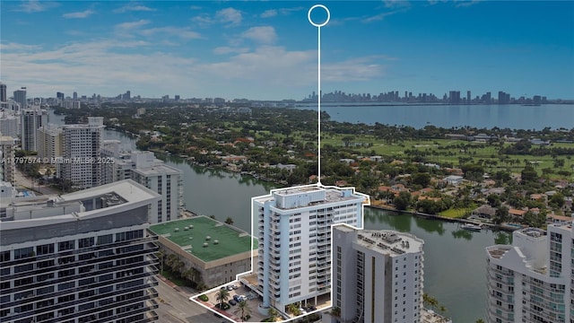 5838 Collins Ave Unit 10E, Miami Beach, FL 33140 - aerial overview of property's location with city skyline, a large body of water, and property boundaries highlighted