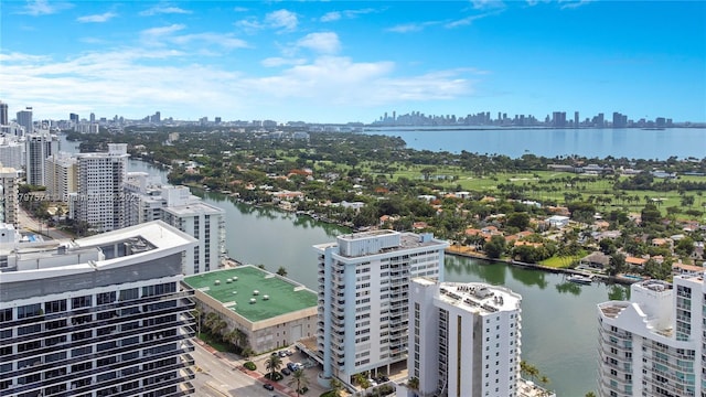 5838 Collins Ave Unit 10E, Miami Beach, FL 33140 - drone / aerial view of city skyline and a nearby body of water