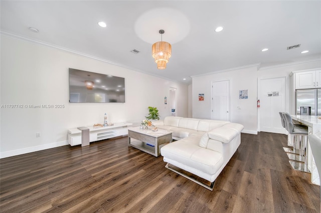 207 SW 11th St, Dania Beach, FL 33004 - living area with ornamental molding, dark wood-style floors, baseboards, and recessed lighting
