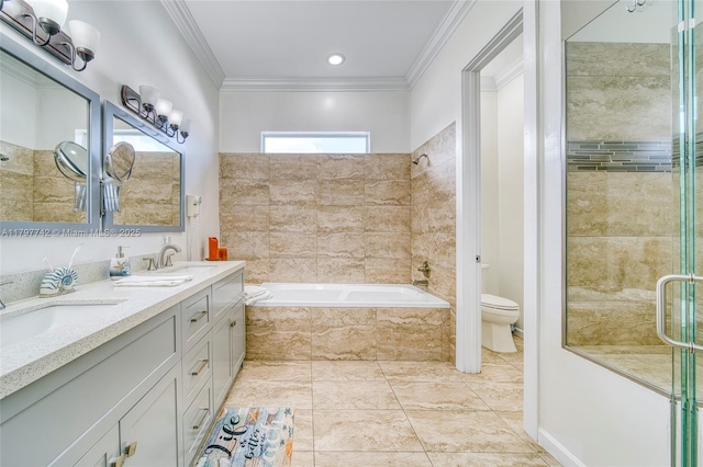207 SW 11th St, Dania Beach, FL 33004 - full bathroom with tiled shower, toilet, crown molding, a relaxing tiled tub, and double vanity