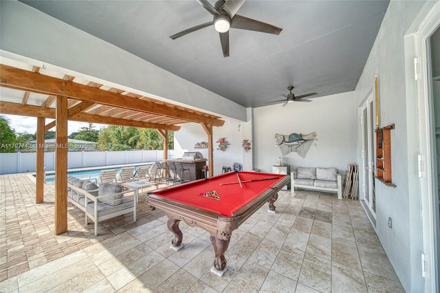 207 SW 11th St, Dania Beach, FL 33004 - playroom featuring a ceiling fan, healthy amount of natural light, stone tile floors, and billiards