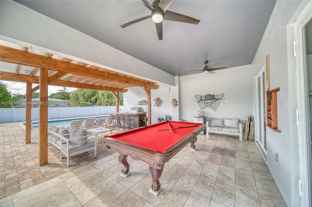 207 SW 11th St, Dania Beach, FL 33004 - playroom featuring ceiling fan, pool table, and stone tile flooring