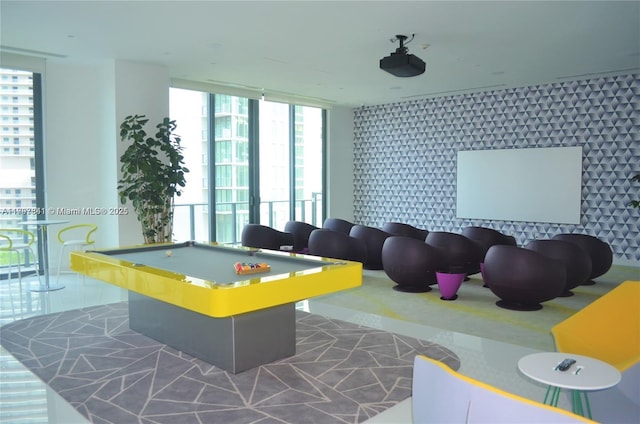 501 NE 31st St Unit 2802, Miami, FL 33137 - recreation room featuring wallpapered walls, an accent wall, floor to ceiling windows, and pool table