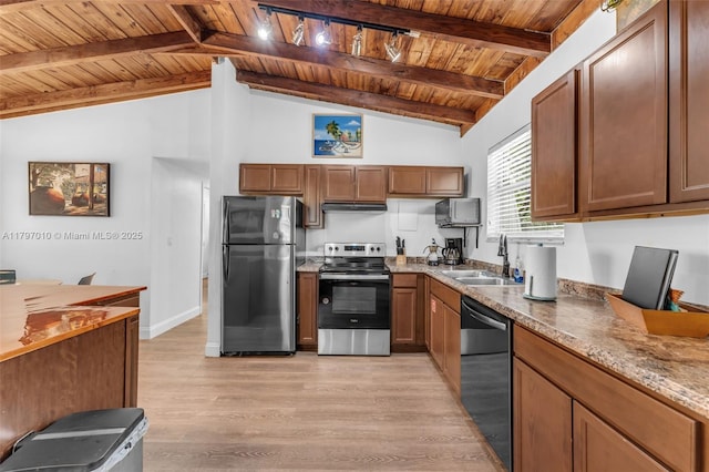kitchen with a sink, appliances with stainless steel finishes, light wood-style floors, beamed ceiling, and wooden ceiling