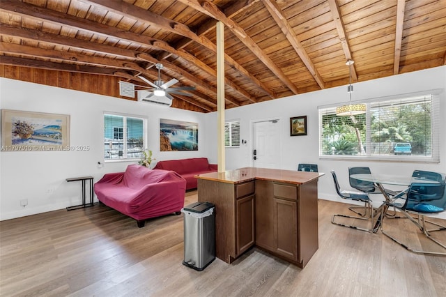 living room featuring lofted ceiling with beams, wooden ceiling, light wood-style flooring, a ceiling fan, and baseboards