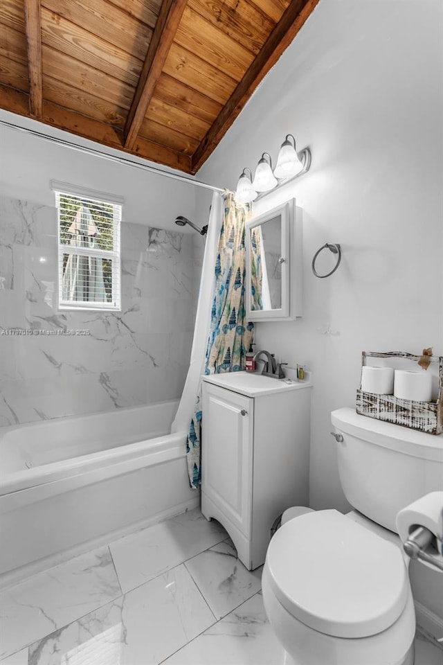 bathroom with wooden ceiling, toilet, marble finish floor, shower / bath combination with curtain, and beam ceiling