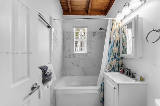 full bath with shower / bath combo with shower curtain, wooden ceiling, and vanity