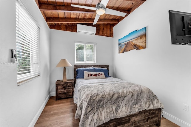 bedroom featuring wood finished floors, wood ceiling, a wall unit AC, and vaulted ceiling with beams