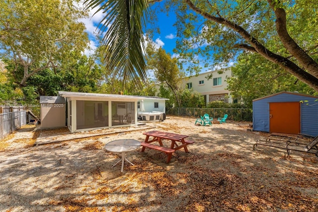 rear view of house with a shed, fence, a sunroom, and an outbuilding
