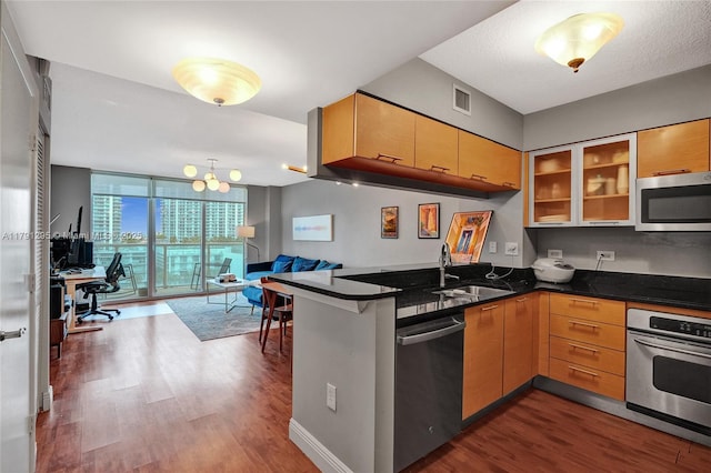 31 SE 5th St Unit 1505, Miami, FL 33131 - kitchen with a peninsula, appliances with stainless steel finishes, a sink, and dark wood-type flooring