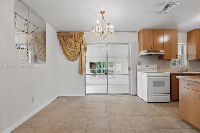 3460 NW 17th St, Lauderhill, FL 33311 - kitchen featuring white electric range, visible vents, a sink, a chandelier, and light countertops